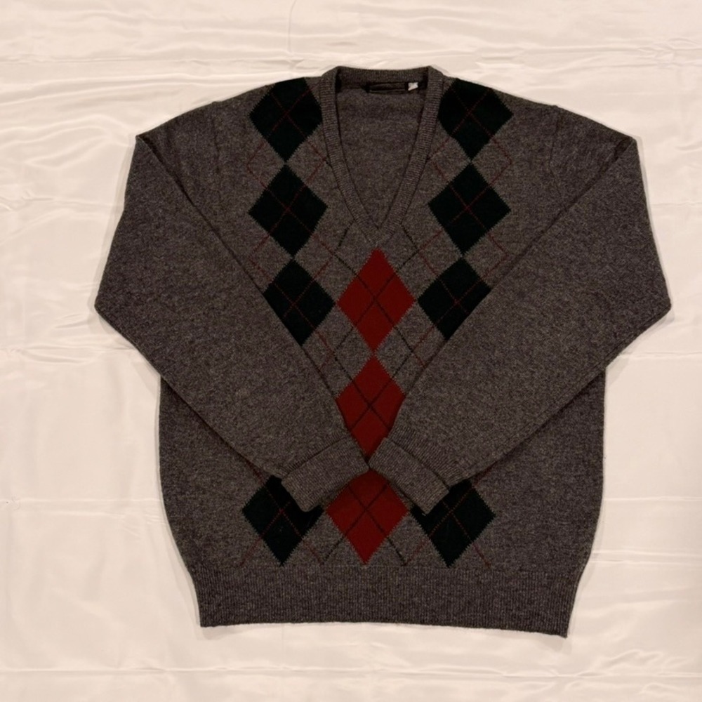 Dunn & Co Argyle Sweater Mens Large Grey 100% Wool V-Neck Made in Gt Britain